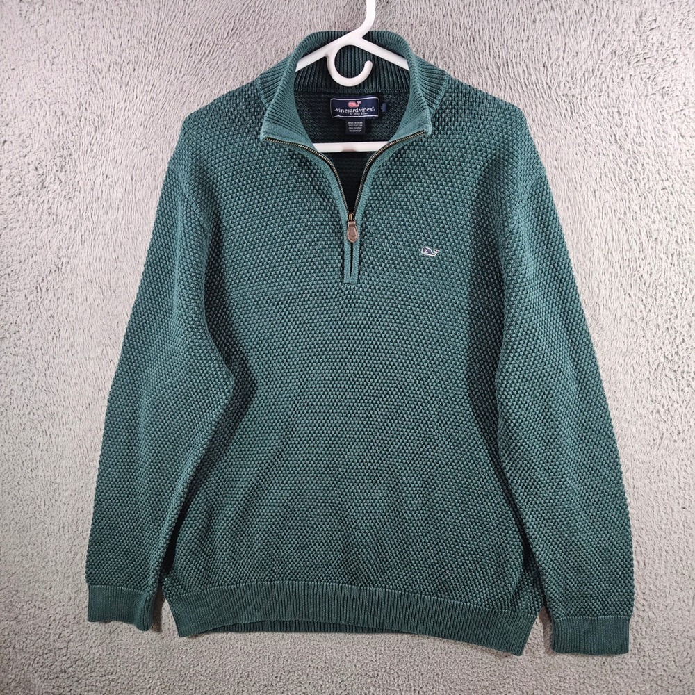 Vineyard‎ Vines Mens Large Green Cotton Textured Waffle Knit Quarter Zip Sweater